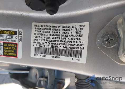 2010 Honda Civic Lx z USA, uszkodzony, nr VIN 19XFA1F51AE007872